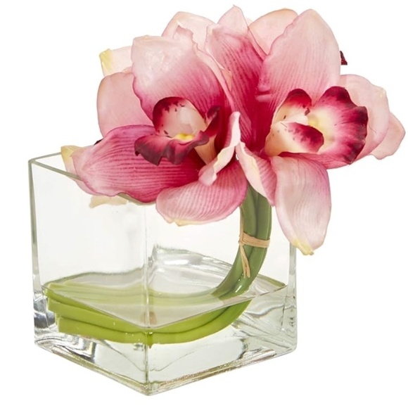 Nearly Natural Cymbidium Orchid Artificial Arrangement in Square Glass Vase - Picture 1 of 8